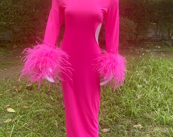 Jess neon pink feathers maxi dress,Bodycon dress for women,Party dress