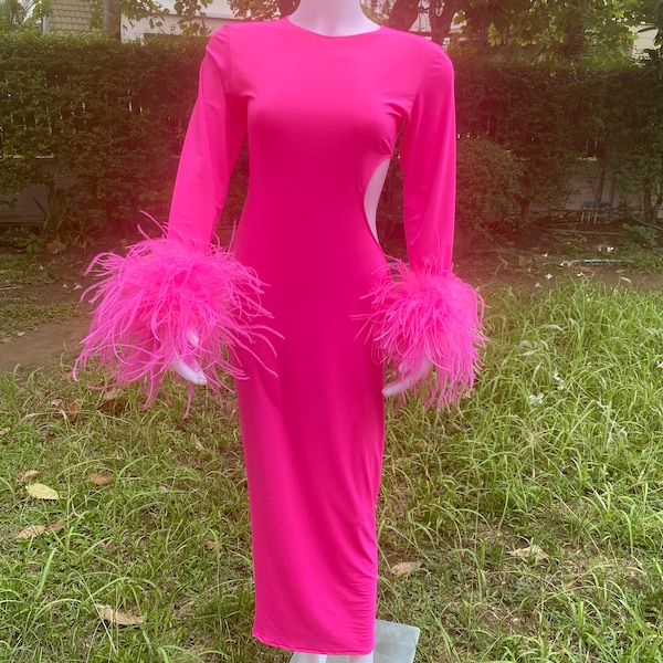 Robe longue Jess à plumes roses fluo, robe moulante pour femme, robe de soirée