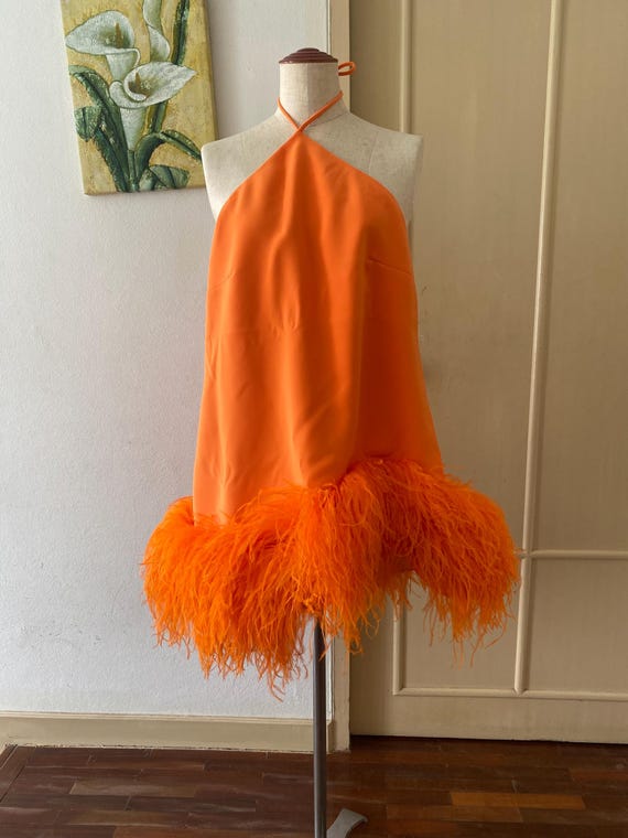 Custom orange feathers halter mini dress,Plus size wedding dress ,Ball gown wedding dress,Wedding guest dress,Second wedding dress short