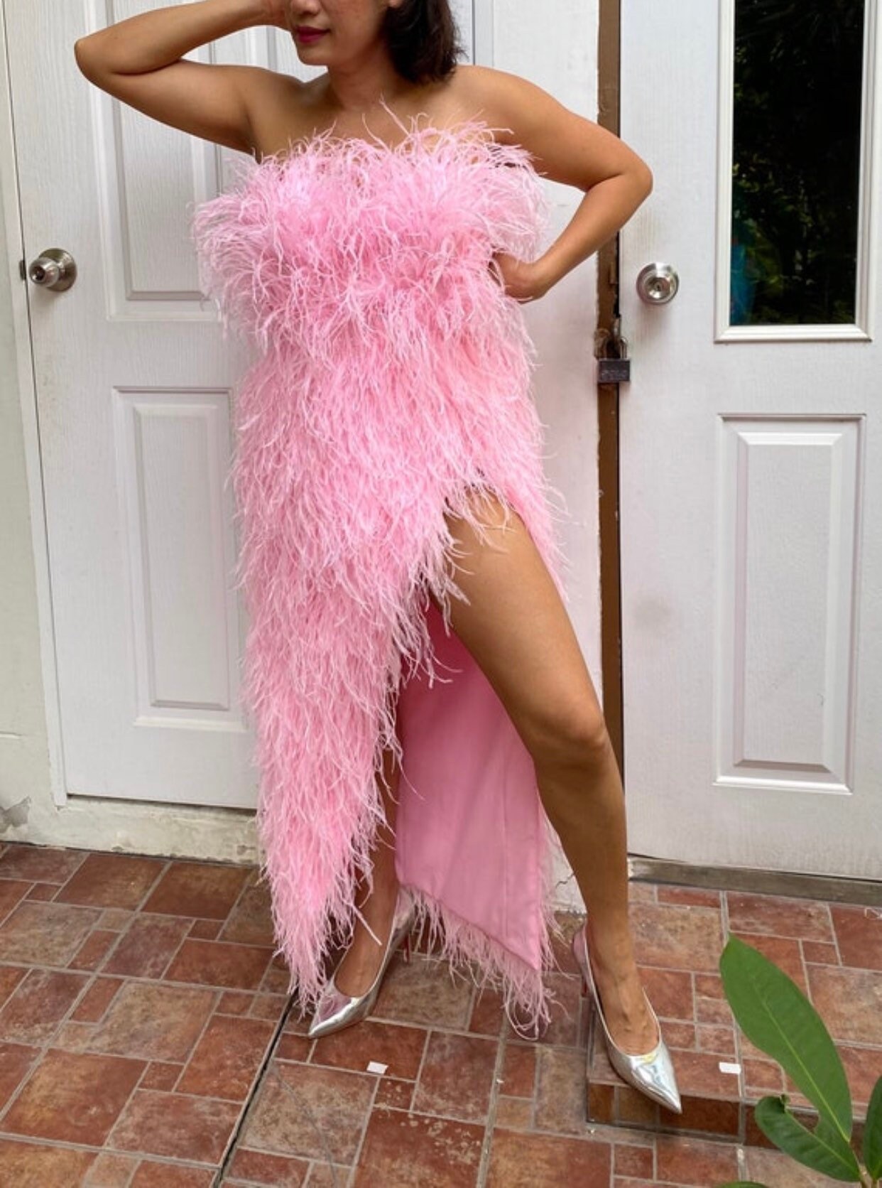 strapless open back dress A-Line Sweet Pink Off-the-Shoulder Bustier Feather Prom Gown – Modsele
