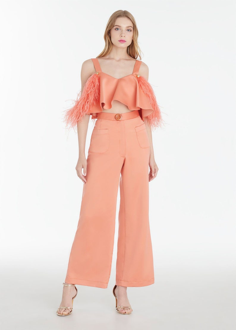 Orange Feder Top & Hose für Frauen, weite Beinhose, kundenspezifische Hose, Abschlusskleid, Übergrößenkleid Braut, Hochzeitsgastkleid, Geschenk für sie Bild 5