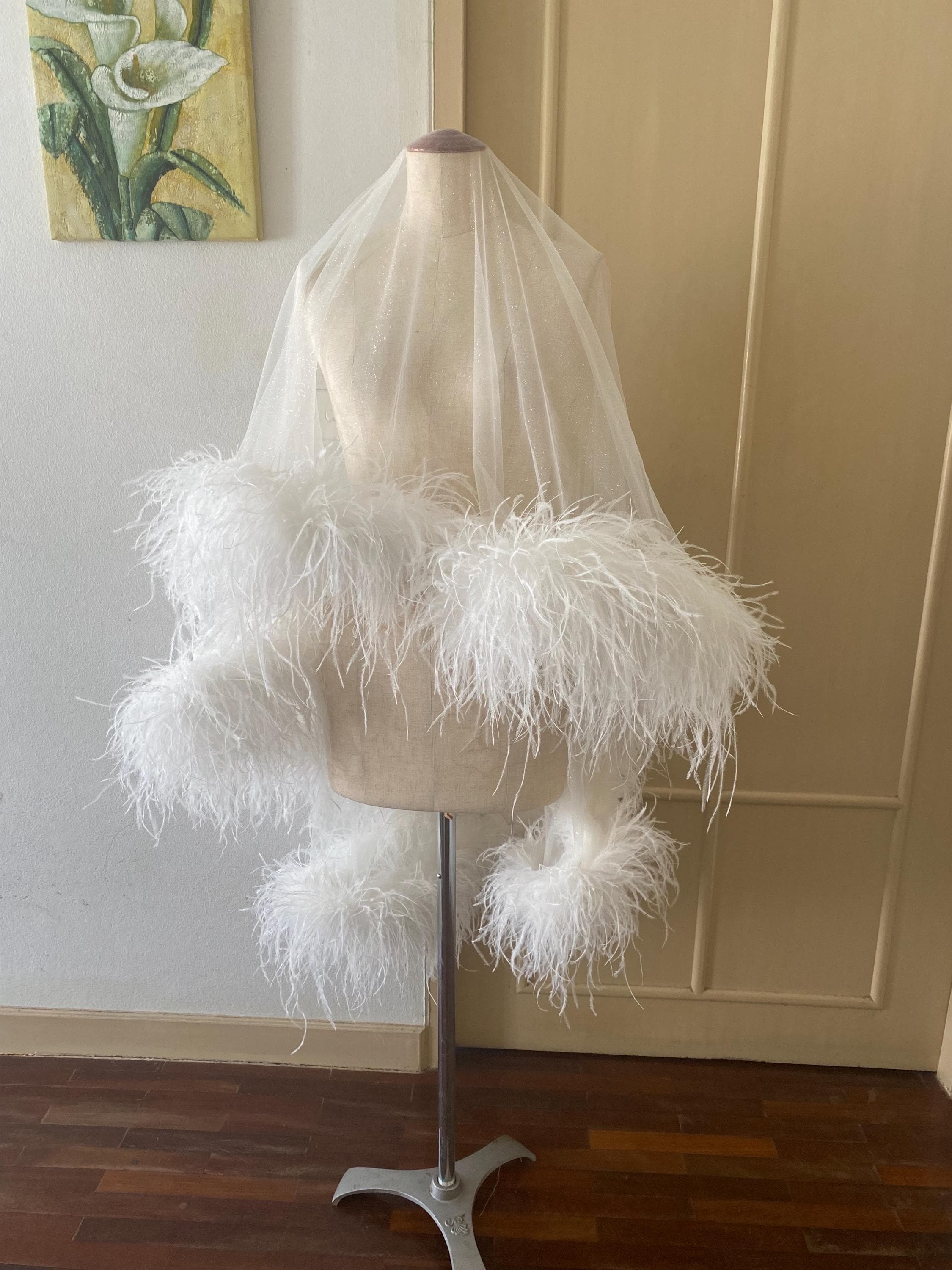 Custom Design - Pale Pink Layered Fingertip Length Veil with Ostrich Feather bardot-blush-pink-ostrich-  main image 3