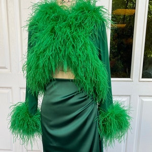 Emerald green feathers bolero shrugs and long skirt for women,Festive dress,Christmas dress,Reception wedding dress,Holiday dressy shrugs