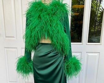 Emerald green feathers bolero shrugs and long skirt for women,Festive dress,Christmas dress,Reception wedding dress,Holiday dressy shrugs