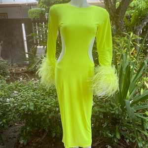 Jess neon green feathers maxi dress,Bodycon dress for women
