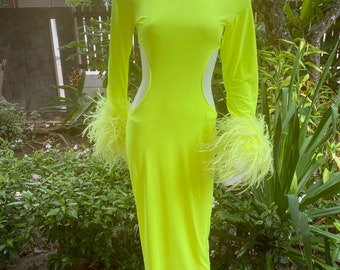 Jess neon green feathers maxi dress,Bodycon dress for women