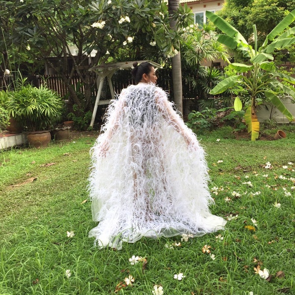 Jelly Embroidered Feather Cape, Long Cape Dress ,Wedding dress,Plus Size Wedding Dress ,Cape Gown, White Cape Dress For Women,LGBTQ Dress