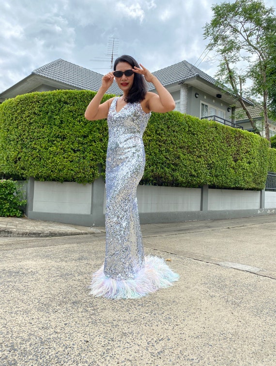 Kenny Silver Sequins Rainbow Feathers Long Dress,unique Wedding Dress,ballgown  Wedding Dress,plus Size Wedding Dress,floor Length Dress - Etsy