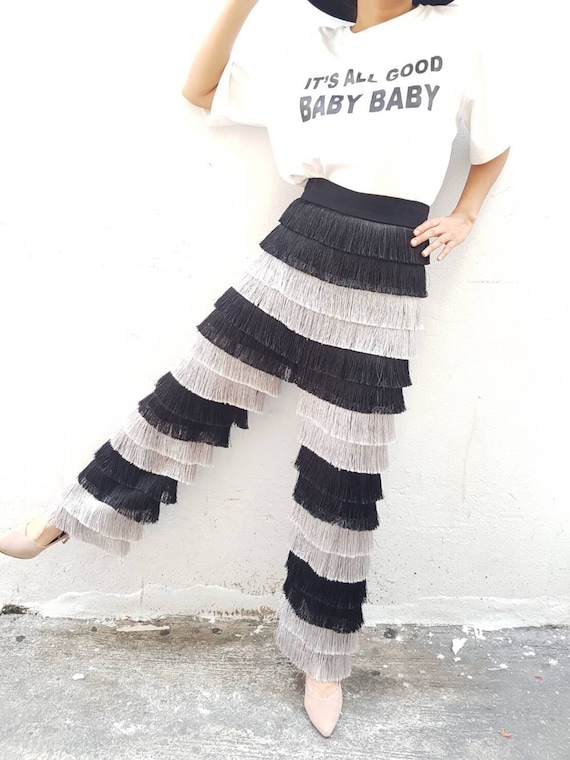 Black and White Tassels Wide Leg Pants for Plus Size Birthday Party Dress  Fringe Trousers for Women Fringe Pants 