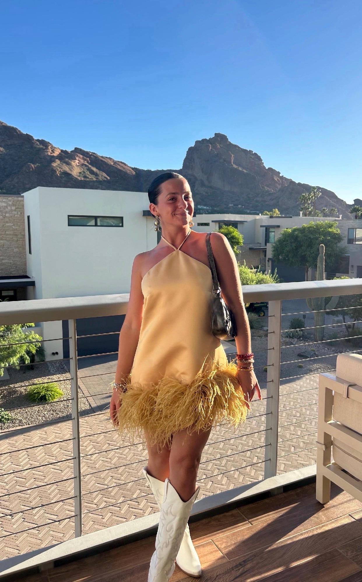 short gold dress with feathers Glitz & Glamour Gold Glitter Feather Mini Dress