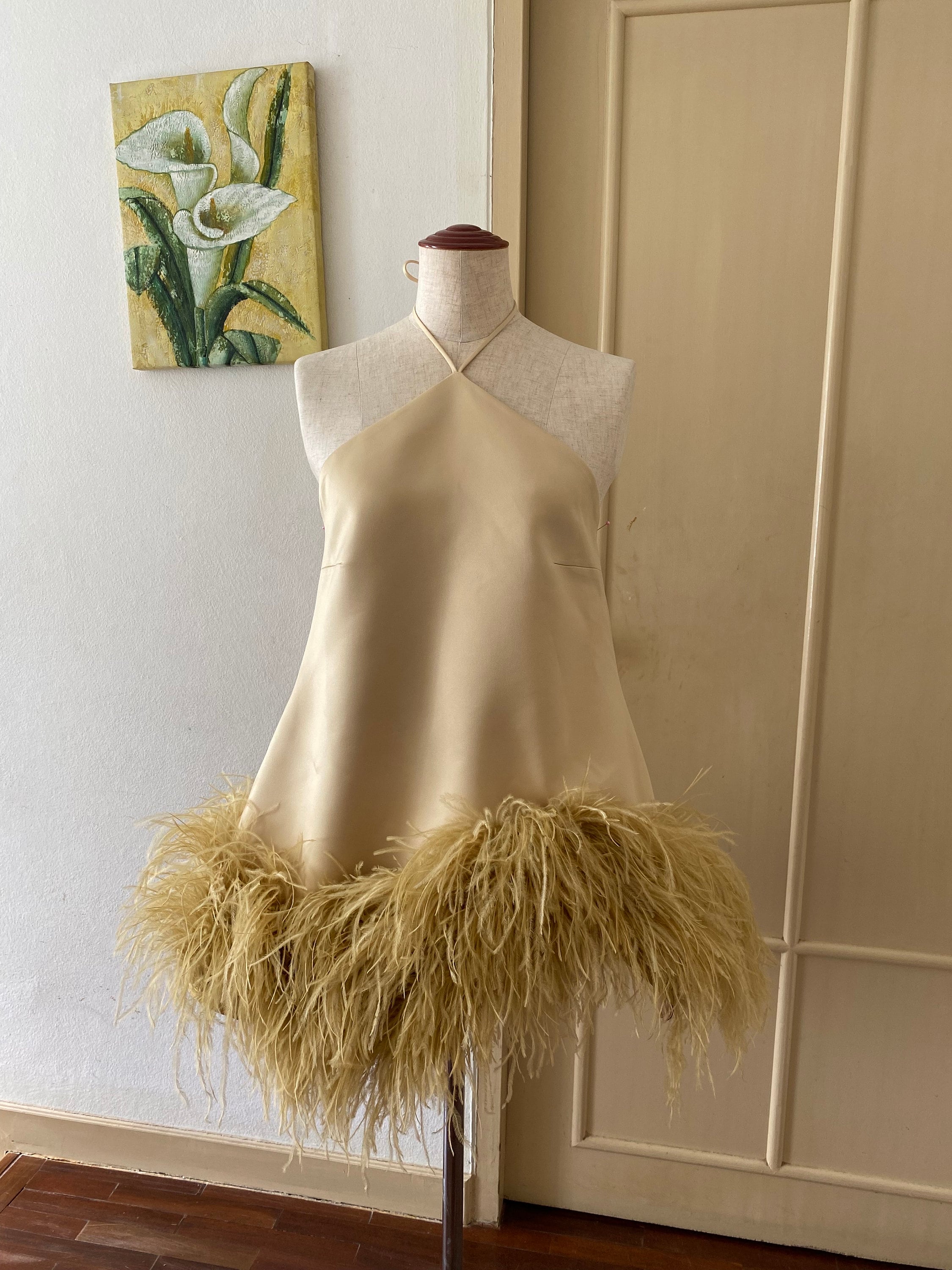 Custom gold feathers halter mini dress,Plus size wedding dress ,Ball gown wedding dress,Wedding guest dress,Alternative wedding dress