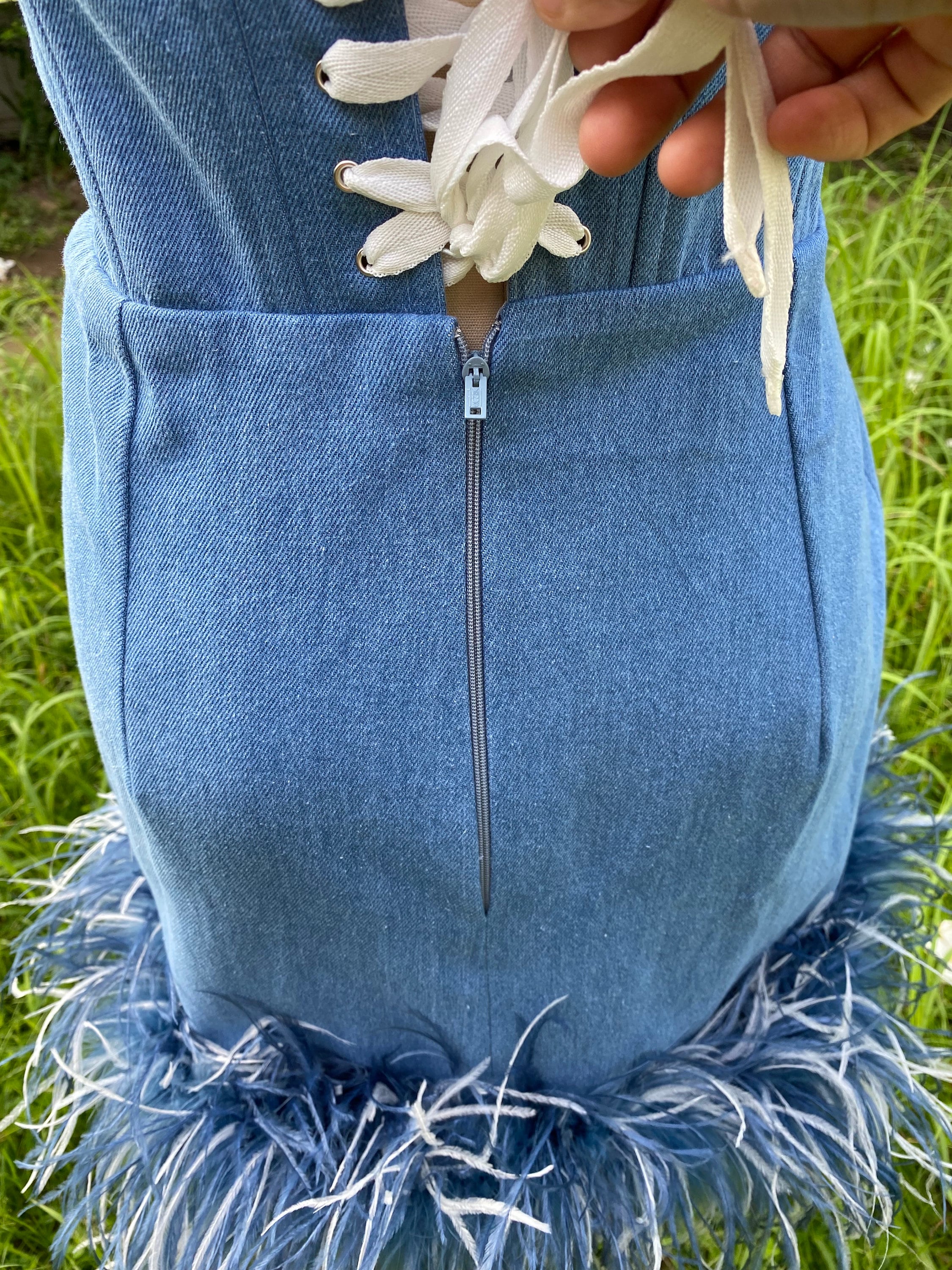 denim dress with feathers HIT THE TOWN FEATHER TRIM DENIM MAXI DRESS