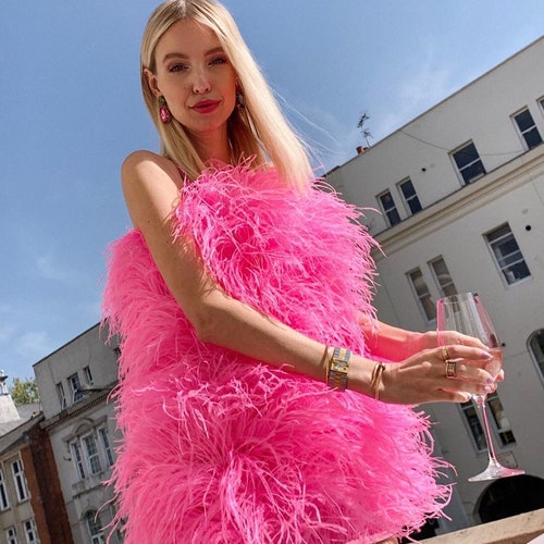 SGinstar Aston Shocking Pink Ostrich Feather Dress ,Feather Prom Dress, Feather Cocktail Dress Feather Wedding Dress Feather Pink Dress