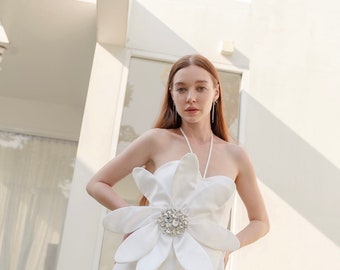 sachin and babi light blue dress Embroidered Floral Strapless Dress in White