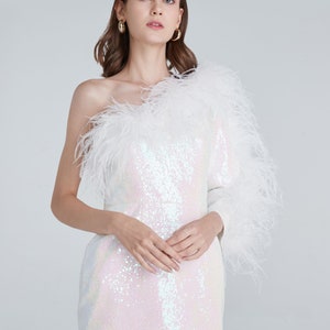 Amelia white sequins boas ostrich feathers,Short wedding dress,Unique wedding dress,Ball gown wedding dress,Plus size wedding dress