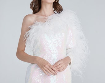 Amelia white sequins boas ostrich feathers,Short wedding dress,Unique wedding dress,Ball gown wedding dress,Plus size wedding dress