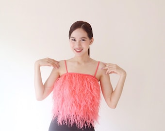 Nicky orange ostrich feathers top ,Bridal top,Custom tank top,Custom crop top,Bridal separates top