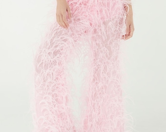 Custom pink feathers pants plus size, Wedding guest dress,Ball gown wedding dress,Wide leg pants,Unique wedding dress,Custom trousers women