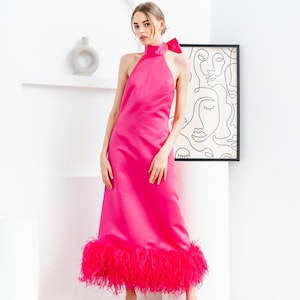 Fuchsia feathers halter midi dress for women,Unique wedding dress,Wedding guest dress,Plus size wedding dress,Ball gown wedding dress
