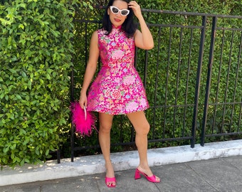 Pink qipao short dress modern,Qipao dress sleeveless,Cheongsam mini dress,Floral dress,High neck Qipao Chinese dress for plus size