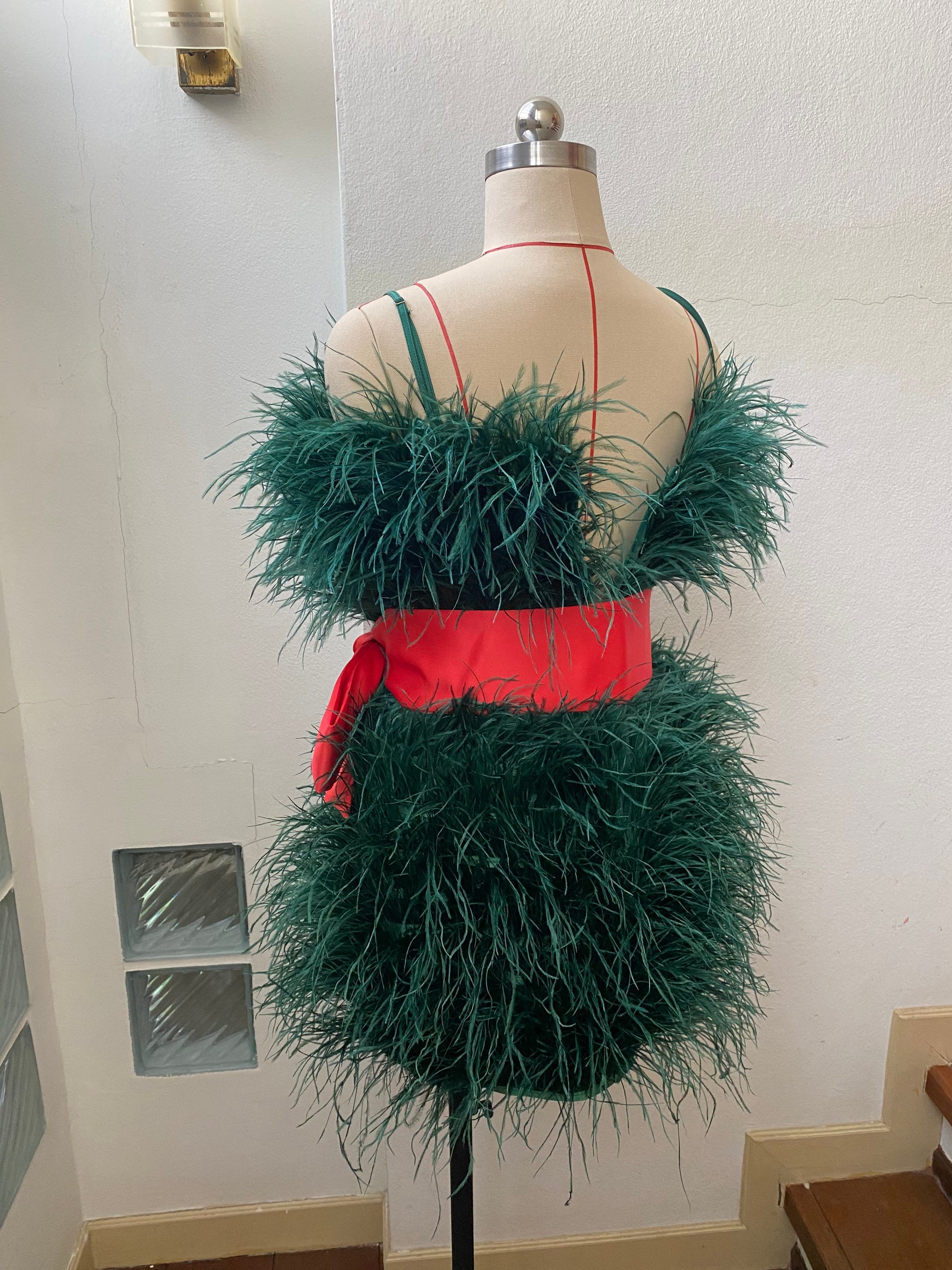 Mint Velvet Green Feather Dress Dark Green Velvet Prom Dress With V-Neck, Feather Embellishment Mint Velvet Green Feather Dress Dark Green Velvet Prom Dress With V-Neck, Feather Embellishment