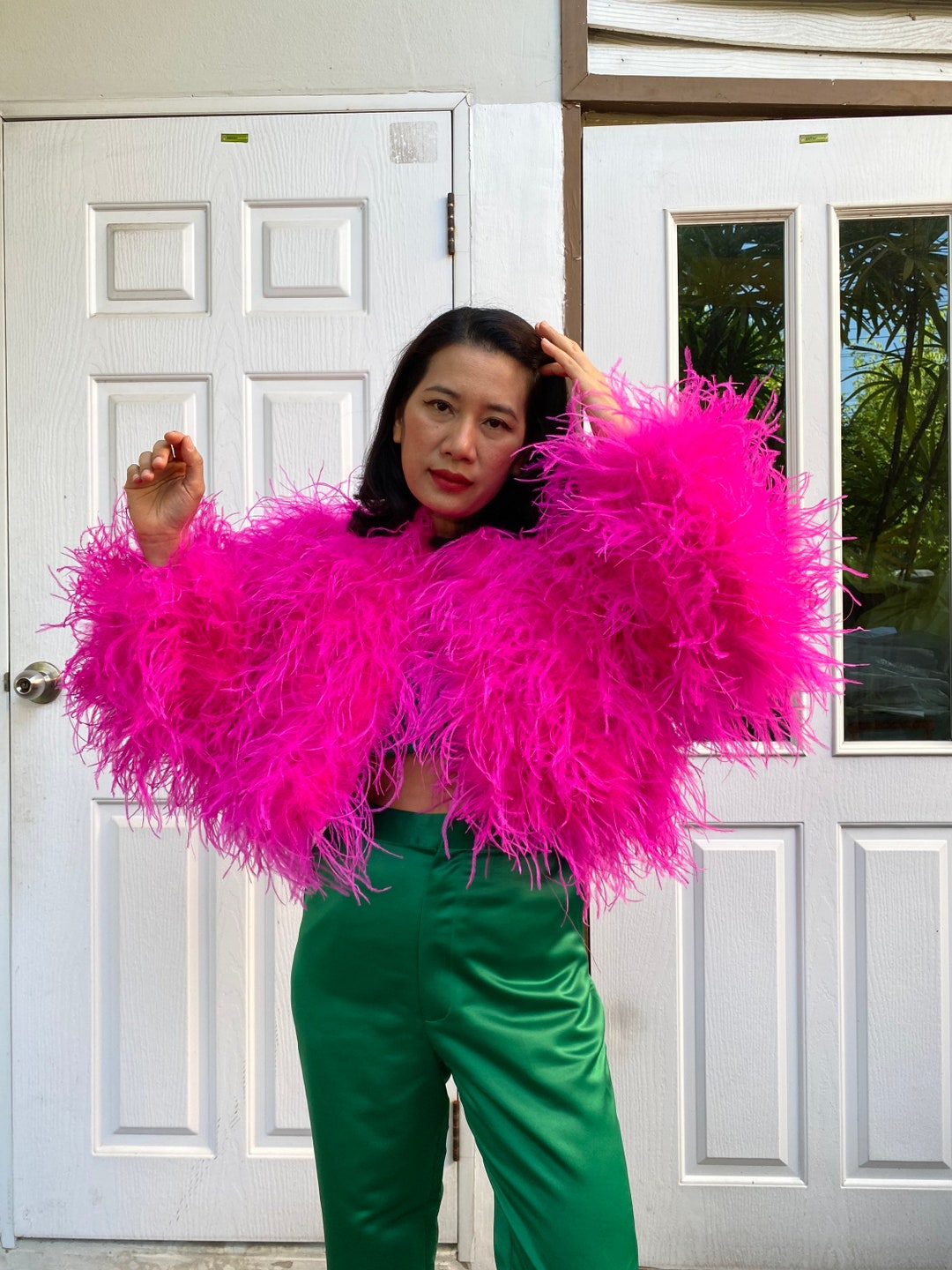 Hot Pink Feather Cropped Jacket for Bride Plus Size Wedding Dress
