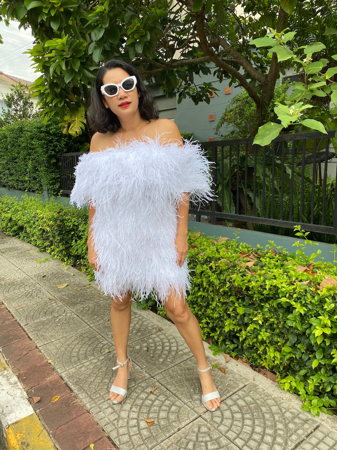 Sophie Pure White Feather off the Shoulder Feather Mini Dress