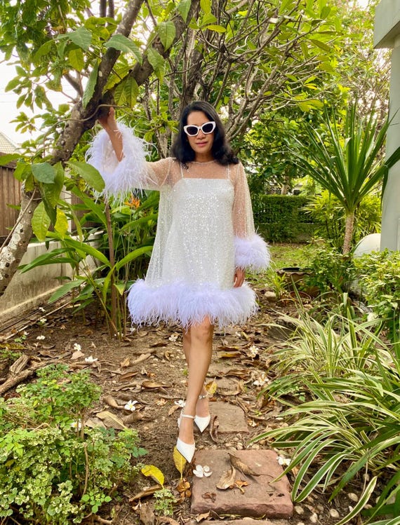 Custom White Lace Feathers Flowy Short Dress Wedding Dress for Bride - Etsy  Ireland