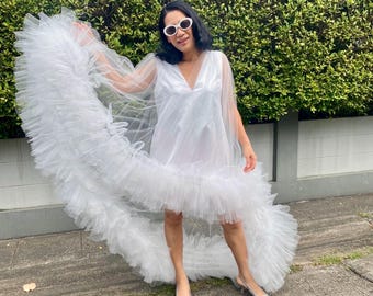 Custom white tulle long tail dress for women,Wedding guest dress plus size,Evening dress gown,Elegant short dress