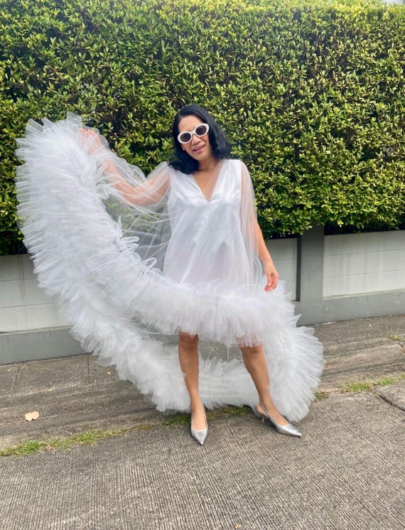 short dress with long tail Custom White tulle long tail dress for women,Wedding guest dress plus size,Evening dress gown,Elegant short dress