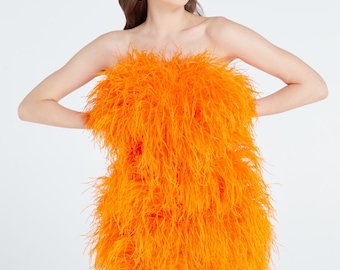 Aston Orange Feather Dress Feather Trim Dress Feather Cocktail Dress Feather Prom Dress