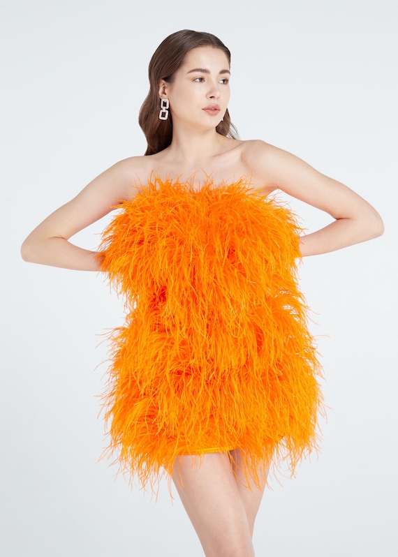 Aston Orange Feather Dress Feather Trim Dress Feather Cocktail Dress  Feather Prom Dress 