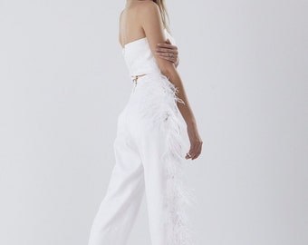 White feather wide legs custom pants,Unique wedding dress,Ball gown wedding dress,Wedding guest dress,Celestial dress
