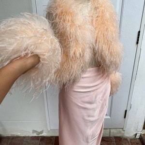 May include: A light pink feather boa jacket with long sleeves. The jacket is on a mannequin and has a fluffy texture.