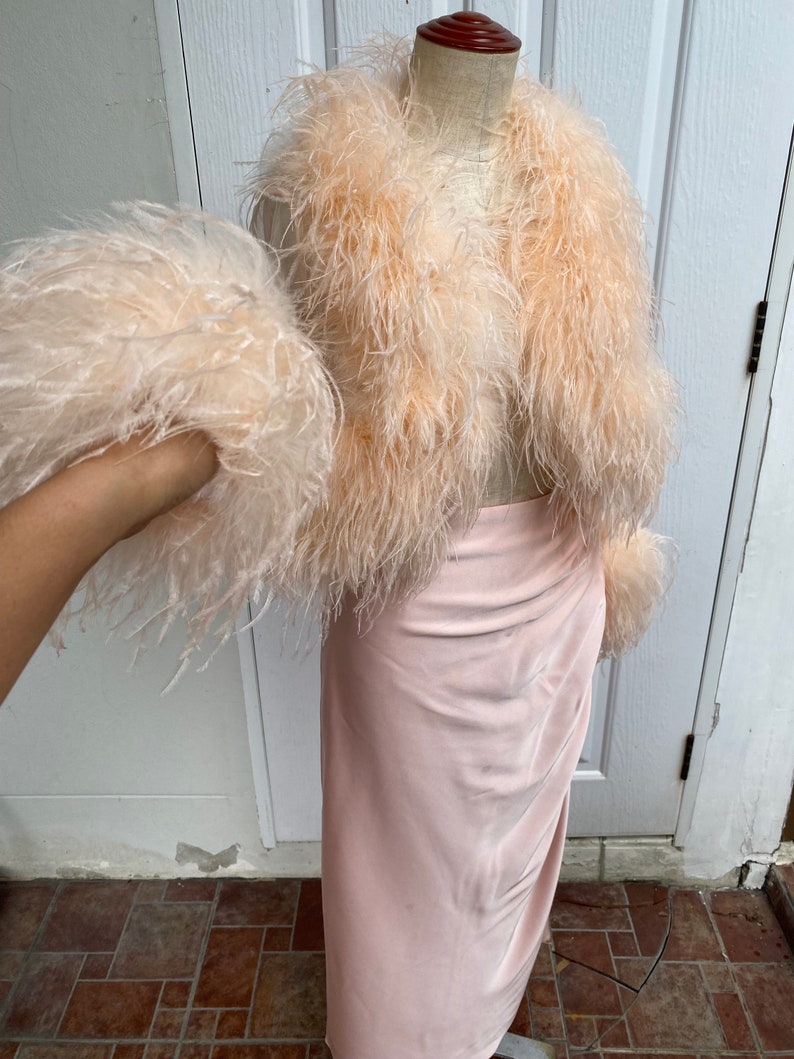May include: A light pink feather boa jacket with long sleeves. The jacket is on a mannequin and has a fluffy texture.