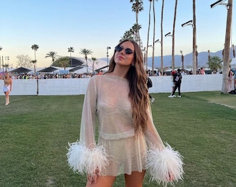 Cream feathers stretchable rhinestone mini dress,Plus size sexy dress,Sun dress,Rhinestone dress birthday,Sexy wedding dress,Coachella dress