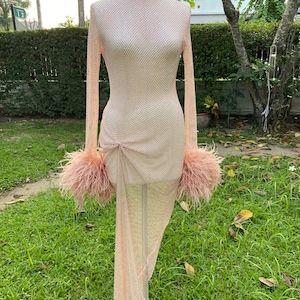 Rina rose gold feathers stretchable rhinestone long dress,Unique wedding dress,Ball gown wedding dress,Bodycon dress