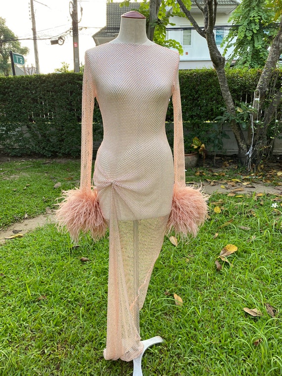 Rina Rose Gold Feathers Stretchable Rhinestone Long Dress unique