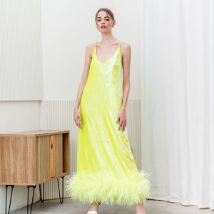 Custom sequin neon yellow feathers maxi dress,Plus size dress,Unique wedding dress,Ball gown wedding dress,Wedding guest dress