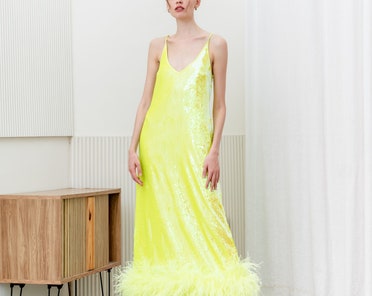 neon yellow feather dress Yellow Knit Xinjiang Dance Costume for Women