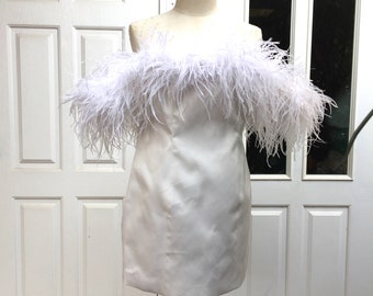 Alexa white boas feathers off the shoulder mini dress feather cocktail dress for women,Plus size dress,Birthday party dress,Maternity dress
