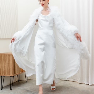 White feathers satin dressing gown with a kimono robe,Ball gown wedding dress,Unique wedding dress, Plus size wedding dress