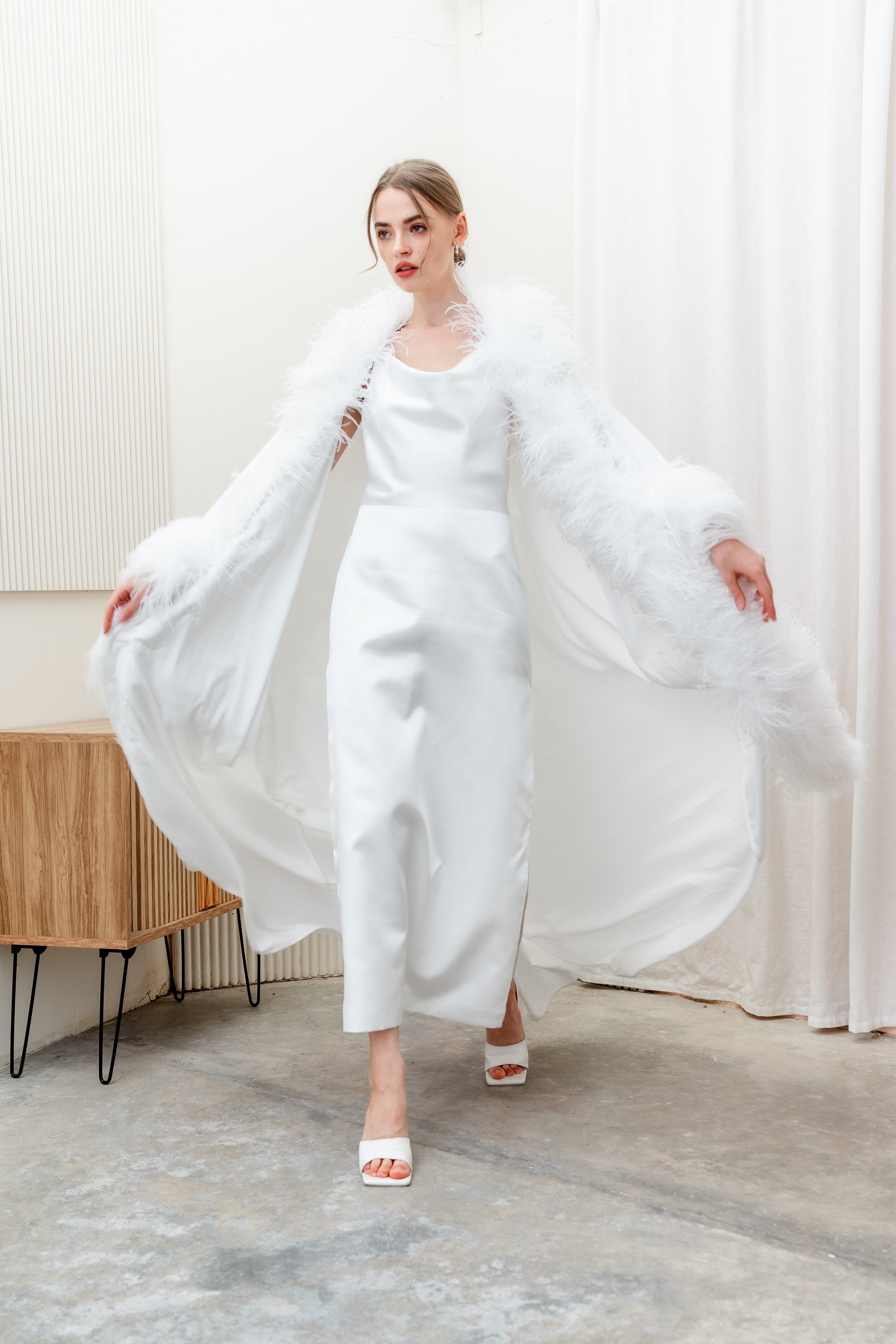 White feathers satin dressing gown with a kimono robe,Ball gown wedding dress,Unique wedding dress, Plus size wedding dress
