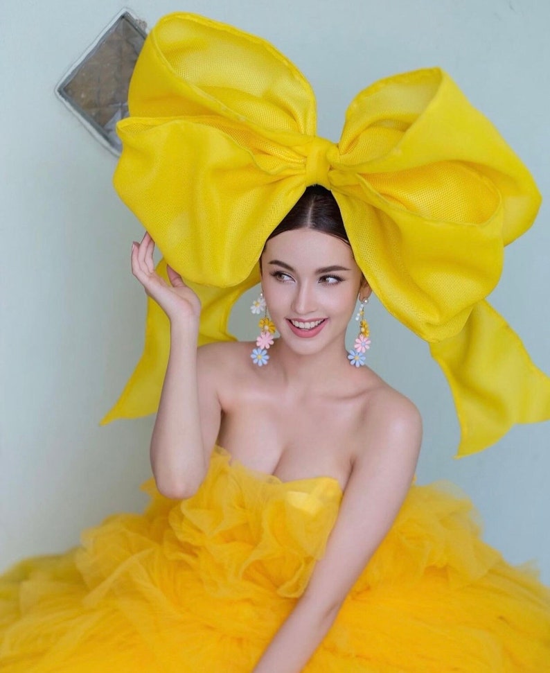 Large yellow bow headband,Halloween headband,Red wreath bow,Wedding hair accessories,Unique hair accessories,Halloween costume image 1
