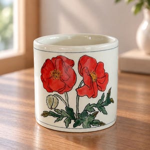 Red Poppy Planter: Handmade Fine Art Ceramic Herb Pot