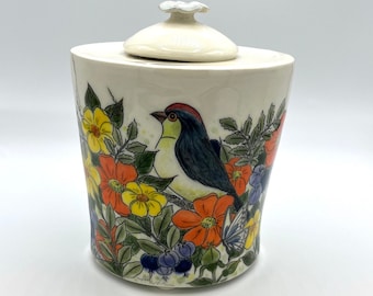 Bird in garden vase handmade pottery, hand painted lidded container, fine art ceramics