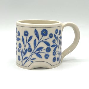 Coffee Mug Handmade - Blue Sgraffito Carving Tea Cup - Botanical Fine Art Ceramics Coffee Cup