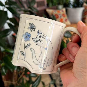 Cat lover Coffee Mug - Whimsical 3 Cats Porcelain Cup Gift – Handmade Fine Art Ceramics