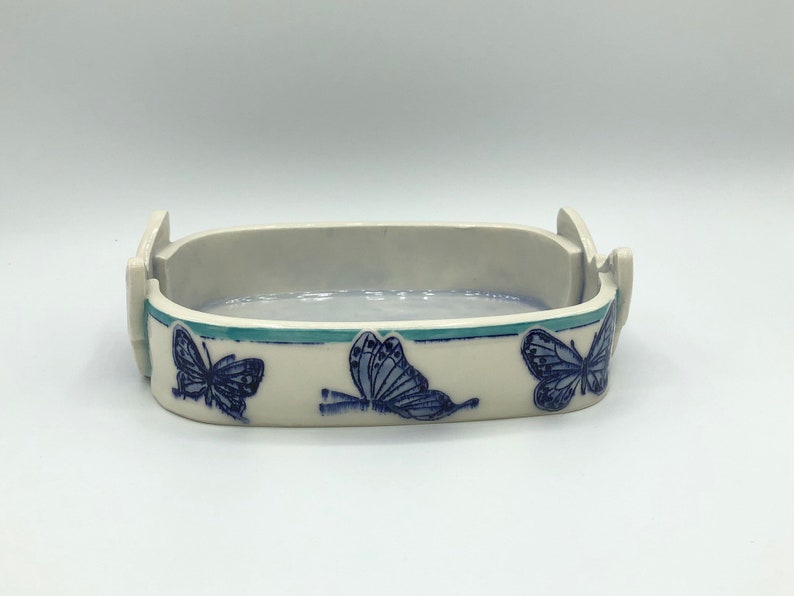 mishima,blue botanical garden Hand made and painted Blue butterfly fruit bowl sgraffito porcelain bowl