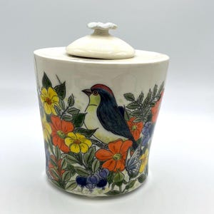 Lidded Container - Bird in Garden Vase - Porcelain Handmade Pottery - Bird and Flower Fine Art Ceramics